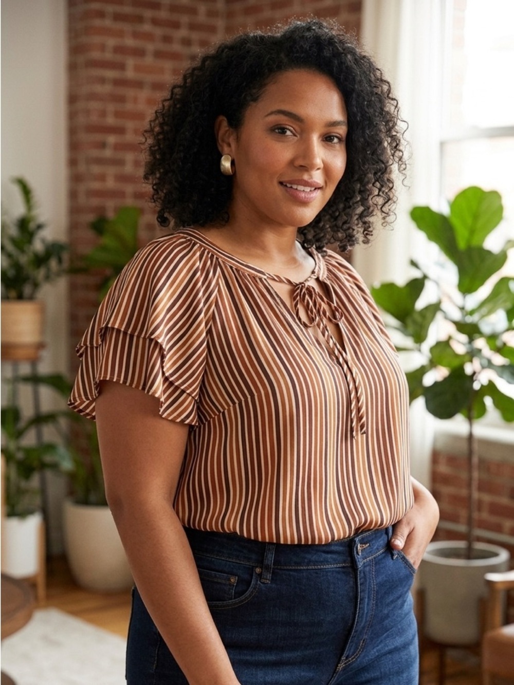 Eloquii | Plus Size 26| Brown and Orange Flutter Sleeve Blouse with Tie Front